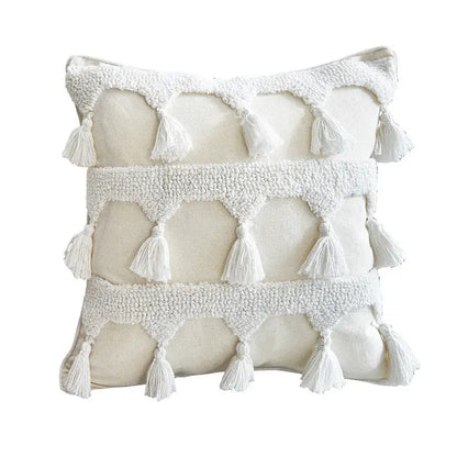 Boho ivory tufted tassel cushion cover living room woven pillow