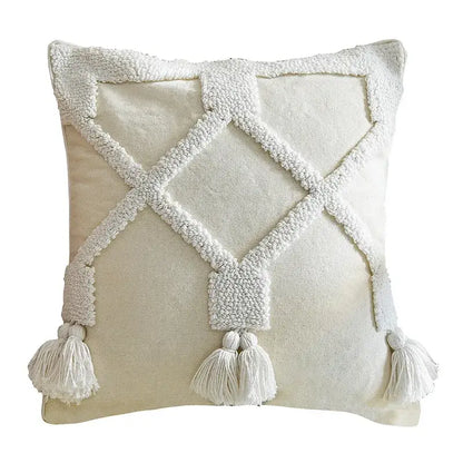 Boho ivory tufted tassel cushion cover living room woven pillow