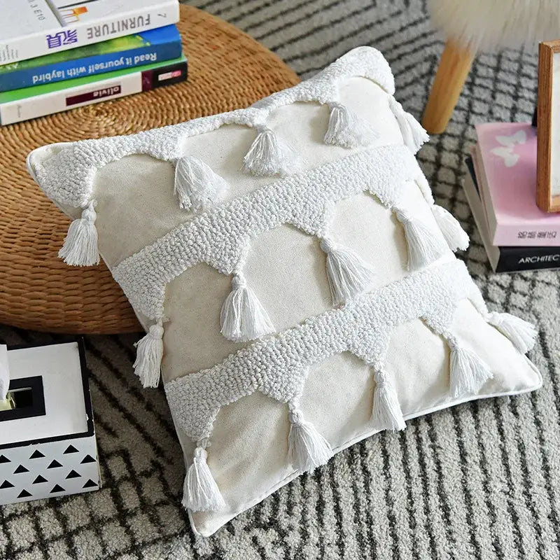 Boho ivory tufted tassel cushion cover living room woven pillow