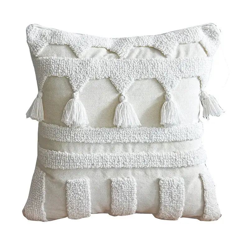 Boho ivory tufted tassel cushion cover living room woven pillow
