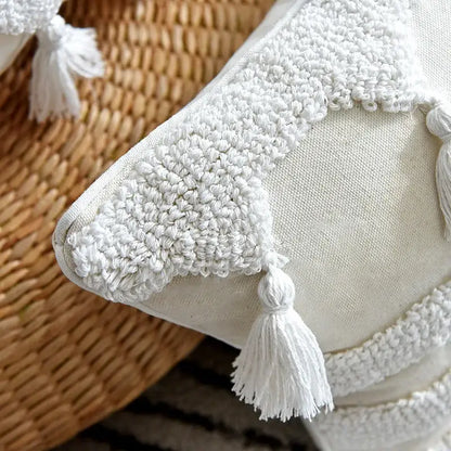Boho ivory tufted tassel cushion cover living room woven pillow