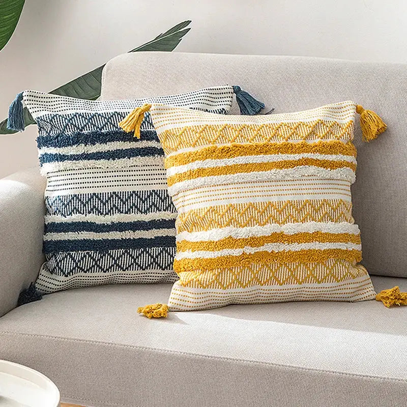Boho jacquard cushion cover navy blue & mustard yellow living room