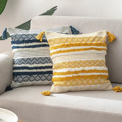 Boho jacquard cushion cover navy blue & mustard yellow living room