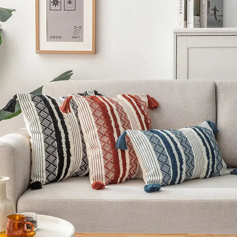 Boho jacquard cushion cover navy blue & mustard yellow living room