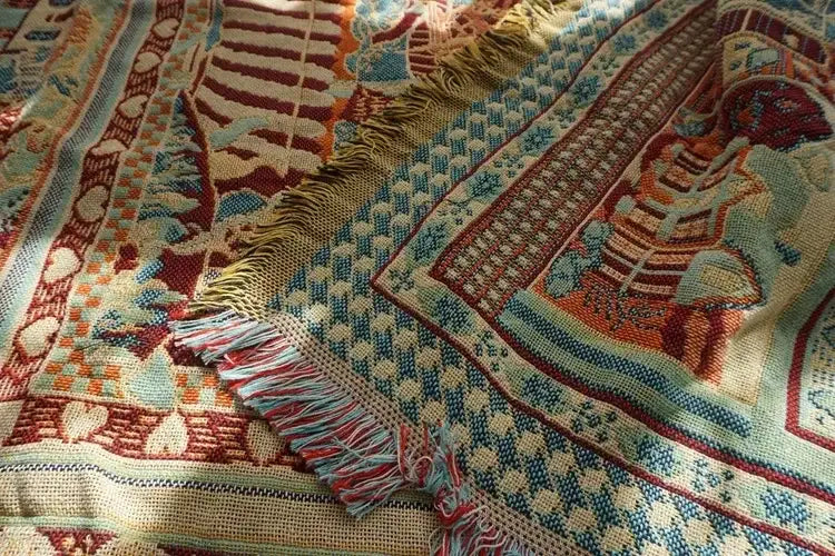 Boho jacquard knit throw blanket red & cream living room decor