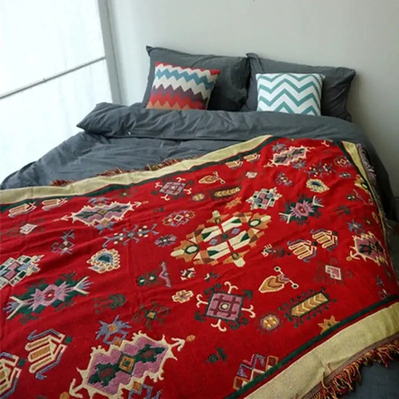 Boho jacquard knitted throw blanket green living room woven rug