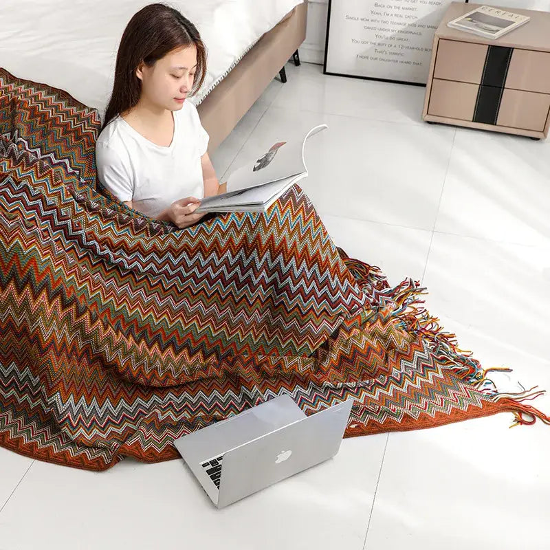 Boho knitted striped blanket with tassels living room throw