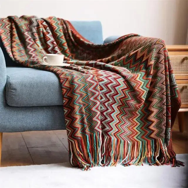 Boho knitted striped blanket with tassels living room throw