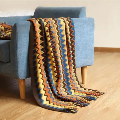 Boho knitted striped blanket with tassels living room throw