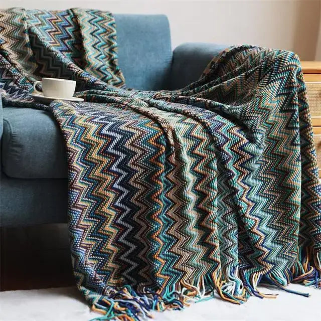 Boho knitted striped blanket with tassels living room throw