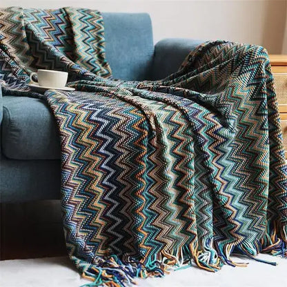 Boho knitted striped blanket with tassels living room throw