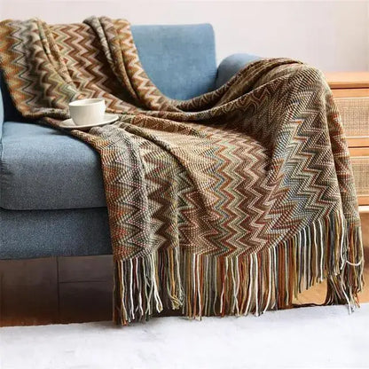 Boho knitted striped blanket with tassels living room throw