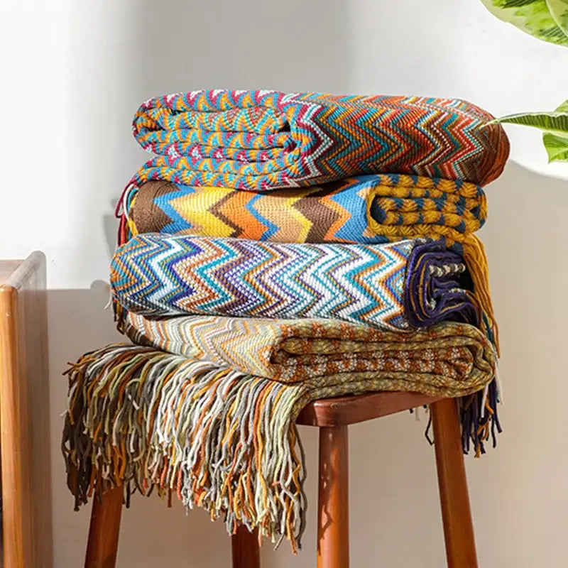 Boho knitted striped blanket with tassels living room throw