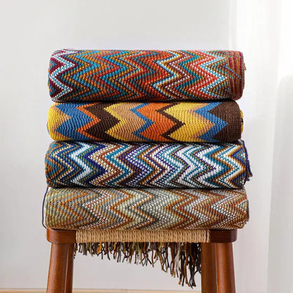 Boho knitted striped blanket with tassels living room throw