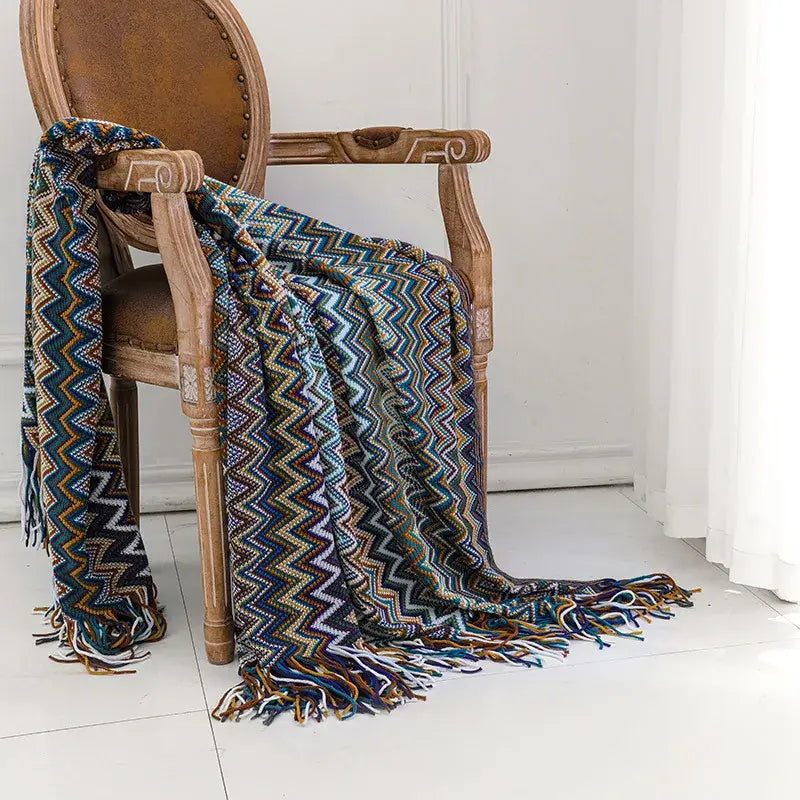 Boho knitted striped blanket with tassels living room throw