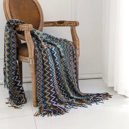 Boho knitted striped blanket with tassels living room throw