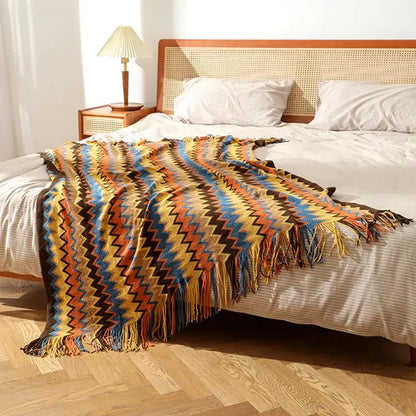 Boho knitted striped blanket with tassels living room throw
