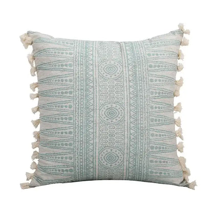Boho light blue & white patterned pillow cover living room tassel