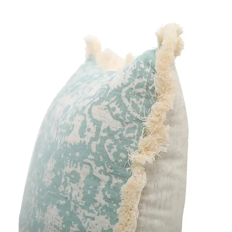 Boho light blue & white patterned pillow cover living room tassel