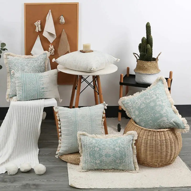 Boho light blue & white patterned pillow cover living room tassel