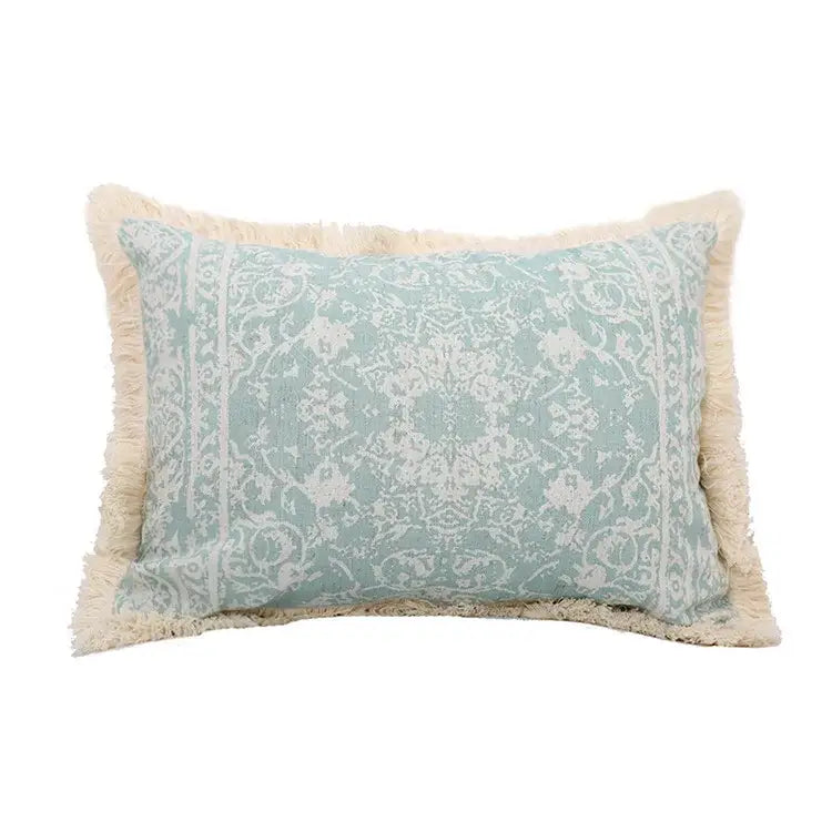Boho light blue & white patterned pillow cover living room tassel