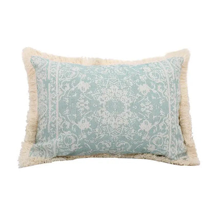 Boho light blue & white patterned pillow cover living room tassel