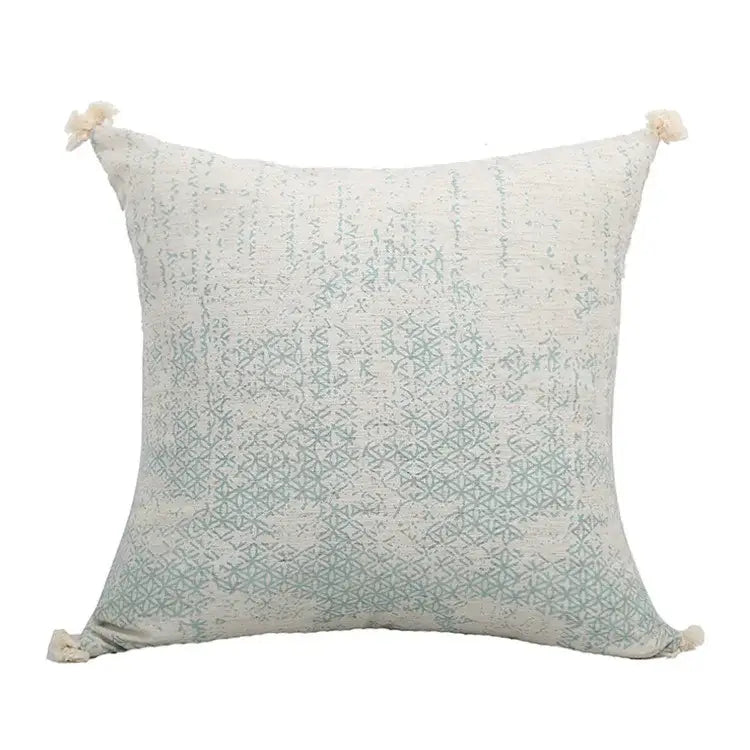 Boho light blue & white patterned pillow cover living room tassel