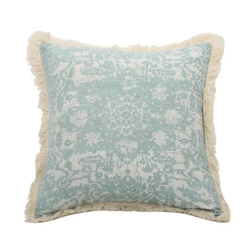 Boho light blue & white patterned pillow cover living room tassel