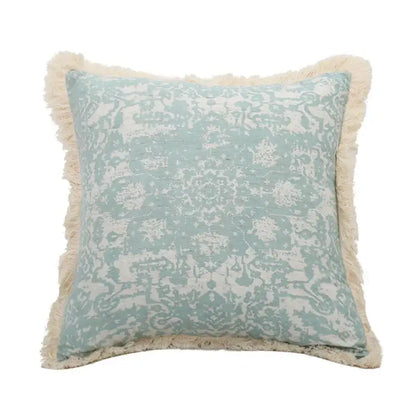 Boho light blue & white patterned pillow cover living room tassel