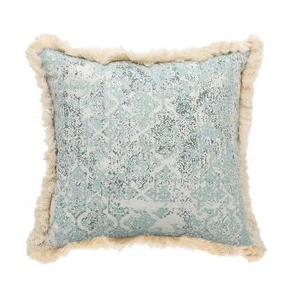 Boho light blue & white patterned pillow cover living room tassel
