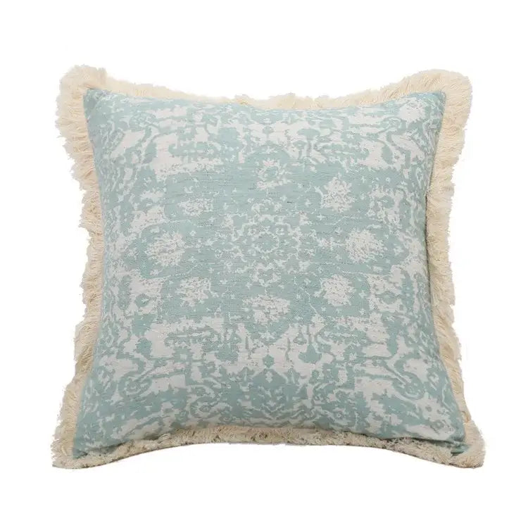 Boho light blue & white patterned pillow cover living room tassel