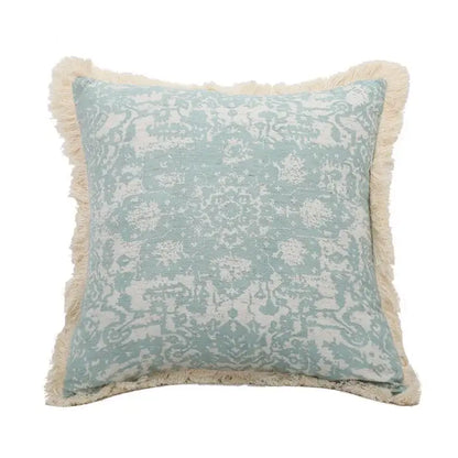 Boho light blue & white patterned pillow cover living room tassel