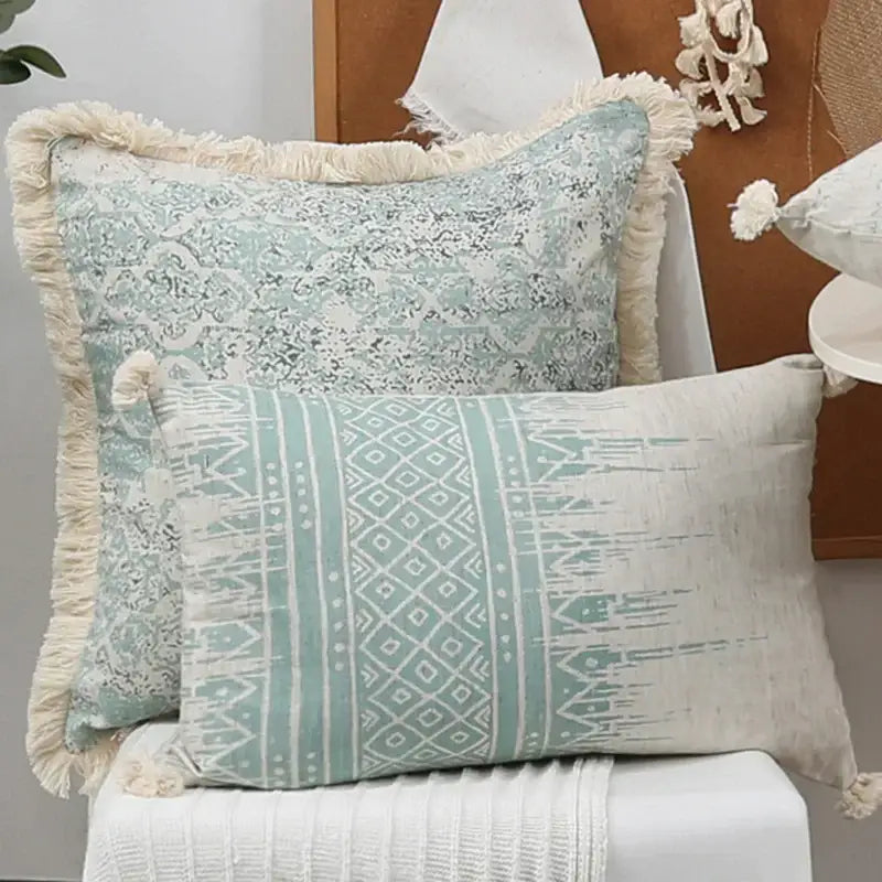Boho light blue & white patterned pillow cover living room tassel