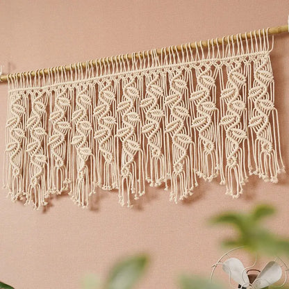 Boho macrame tapestry curtain cream leaf pattern bedroom decor