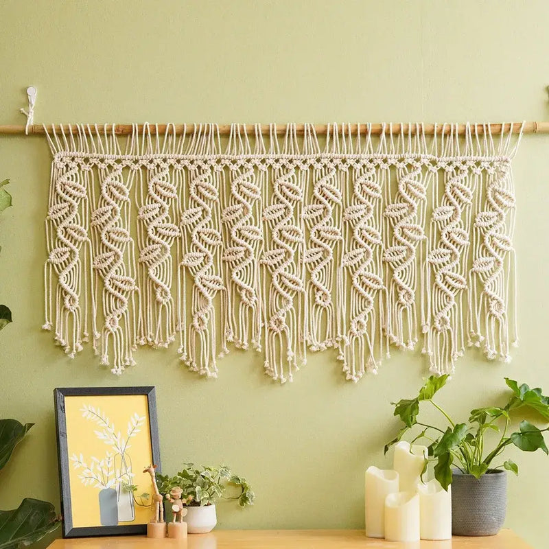 Boho macrame tapestry curtain cream leaf pattern bedroom decor