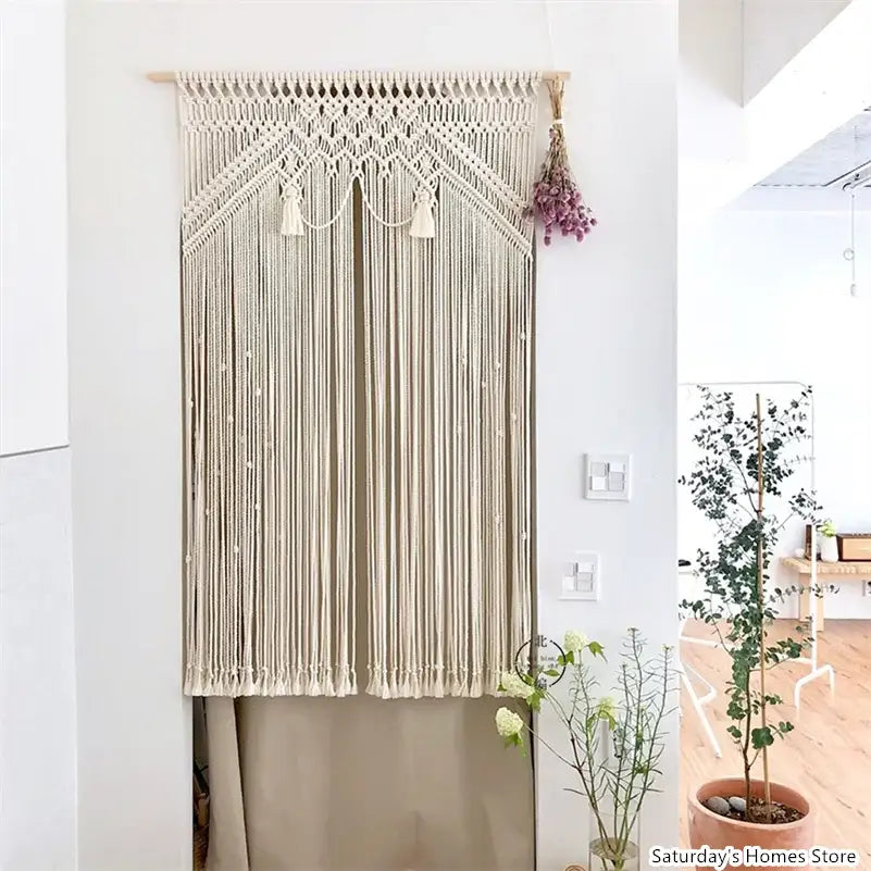 Boho macrame tassel curtain tapestry for living room window decor