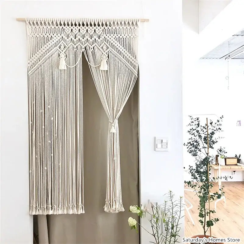 Boho macrame tassel curtain tapestry for living room window decor