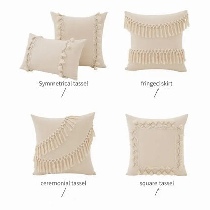 Boho macrame woven cushion cover cream cotton tassels bedroom pillow