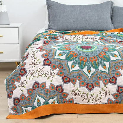 Boho mandala cotton summer blanket bedroom teal & orange throw