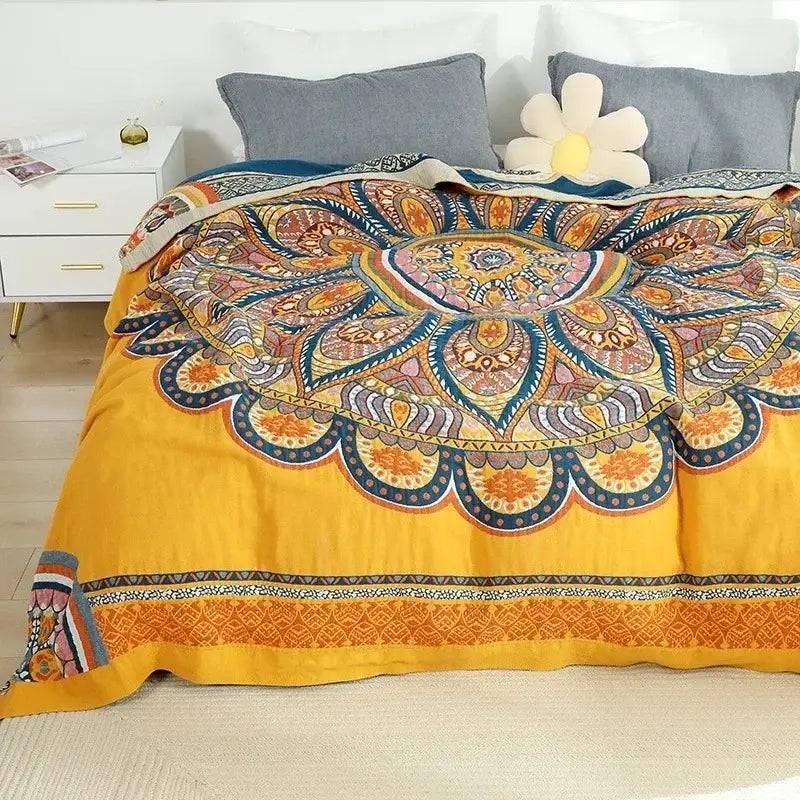 Boho mandala cotton summer blanket bedroom teal & orange throw