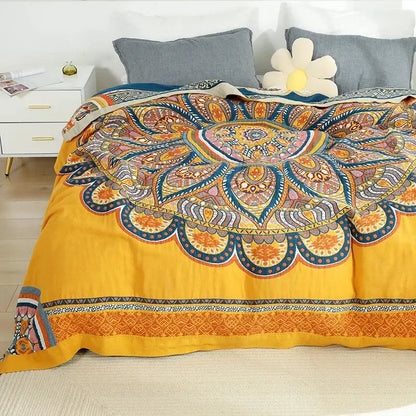 Boho mandala cotton summer blanket bedroom teal & orange throw