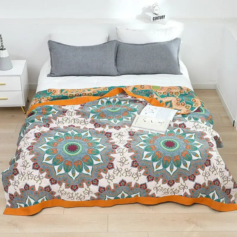 Boho mandala cotton summer blanket bedroom teal & orange throw
