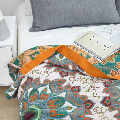 Boho mandala cotton summer blanket bedroom teal & orange throw