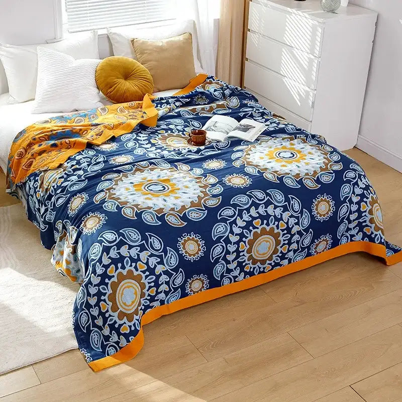 Boho mandala cotton summer blanket bedroom teal & orange throw