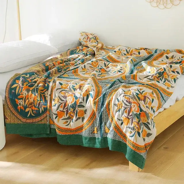 Boho mandala cotton summer blanket bedroom teal & orange throw