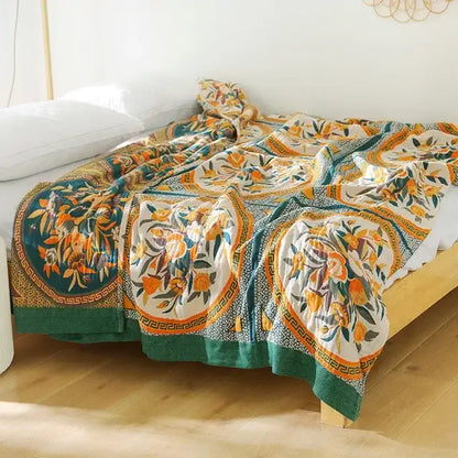 Boho mandala cotton summer blanket bedroom teal & orange throw