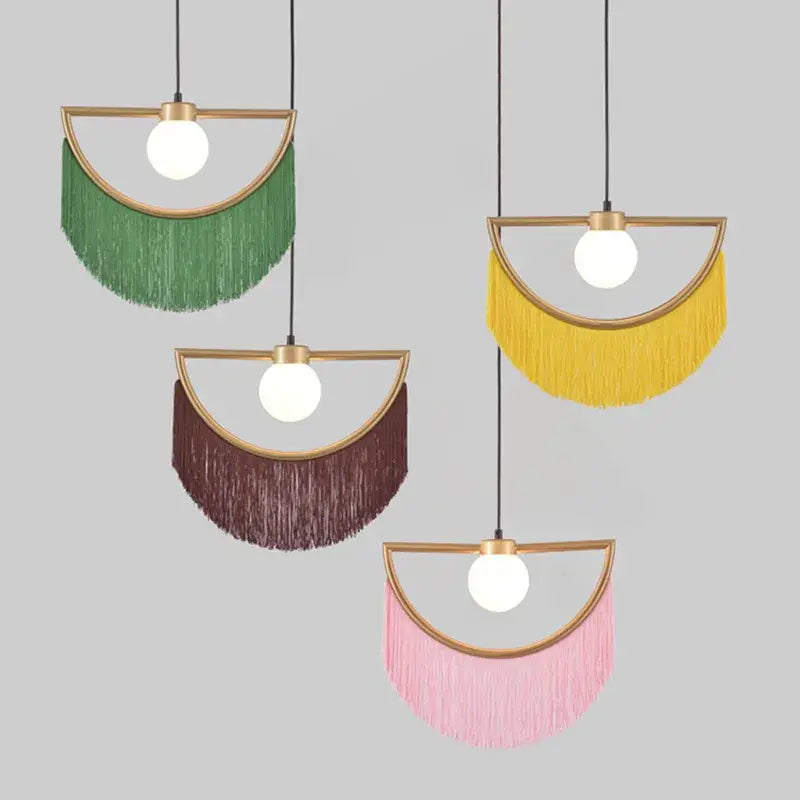 Boho multi color fringe glass ball pendant light for bedroom