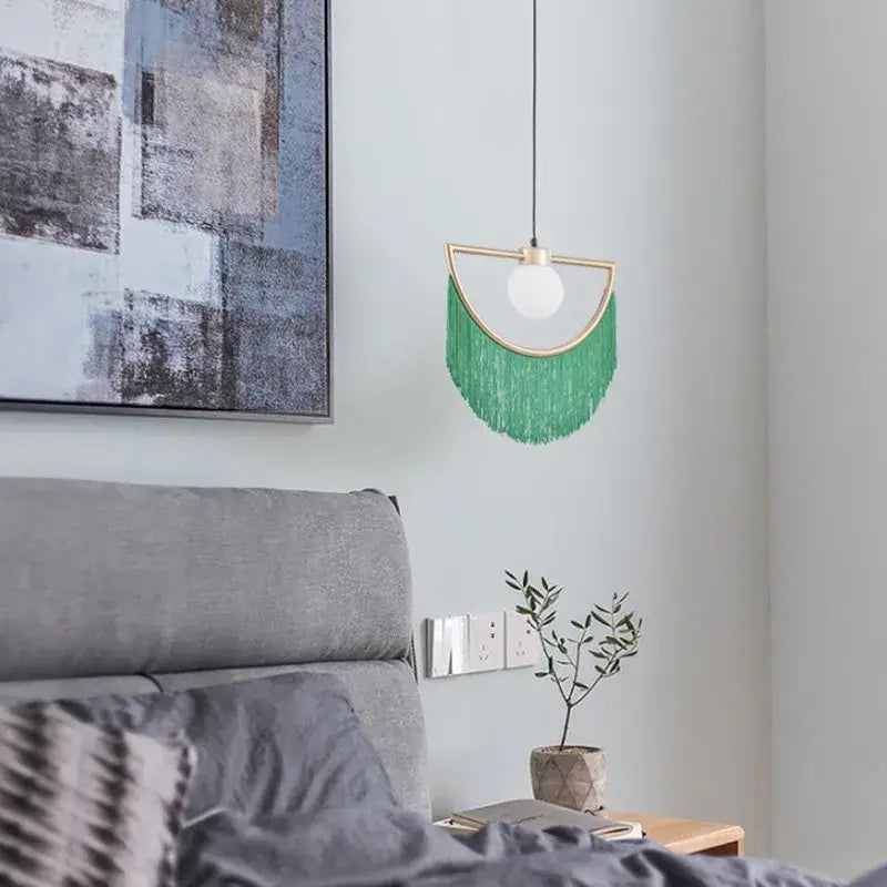 Boho multi color fringe glass ball pendant light for bedroom