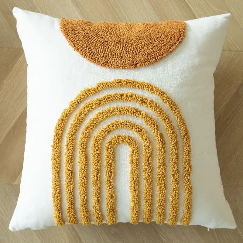 Boho mustard geometric tufted cushion cover living room pom pom accent