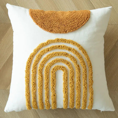 Boho mustard geometric tufted cushion cover living room pom pom accent